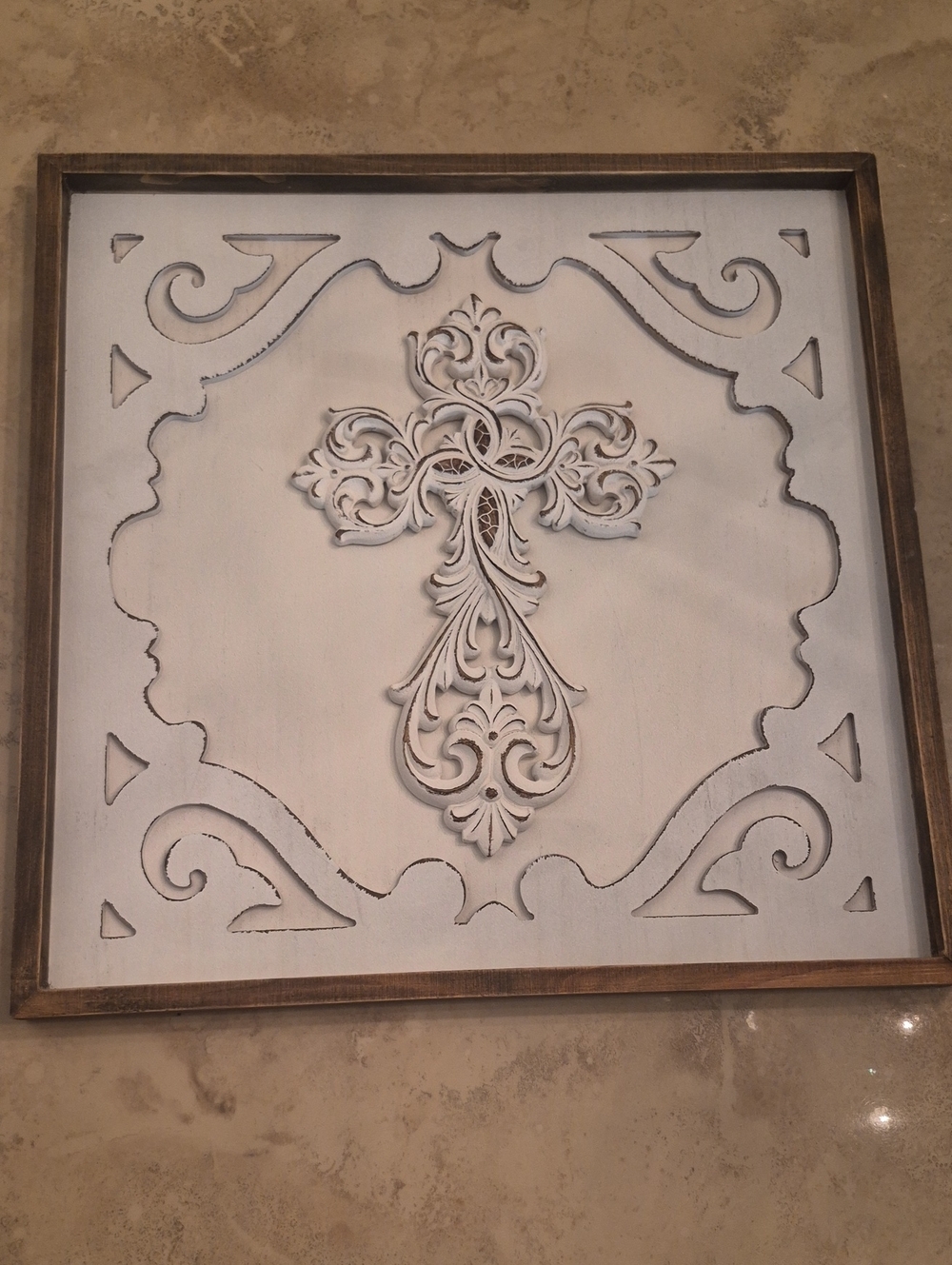 Neiman Marcus White Decorative Scroll Cross Wall Art